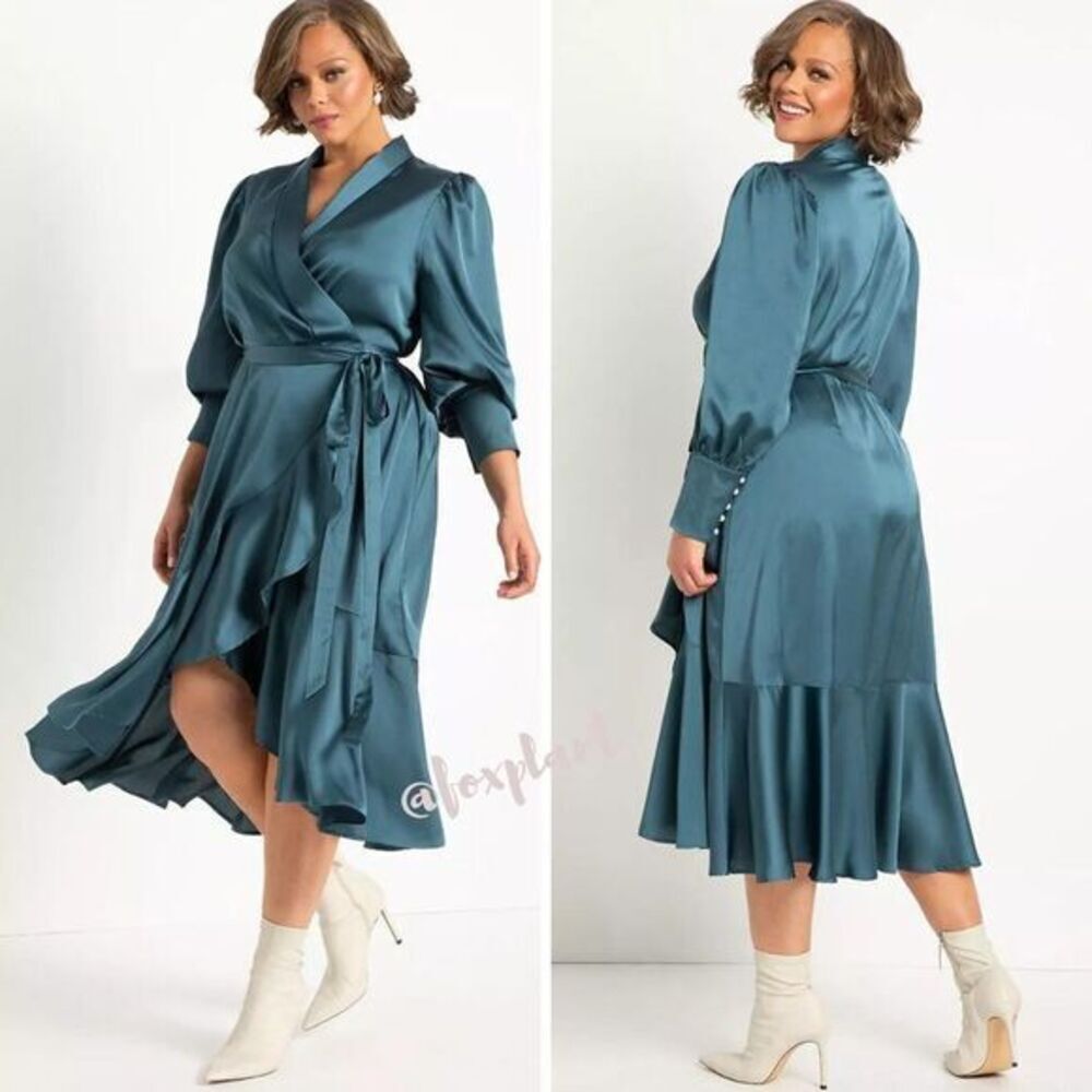NEW Eloquii deep‎ blue Satin Bishop Sleeve Wrap Dress, size 28